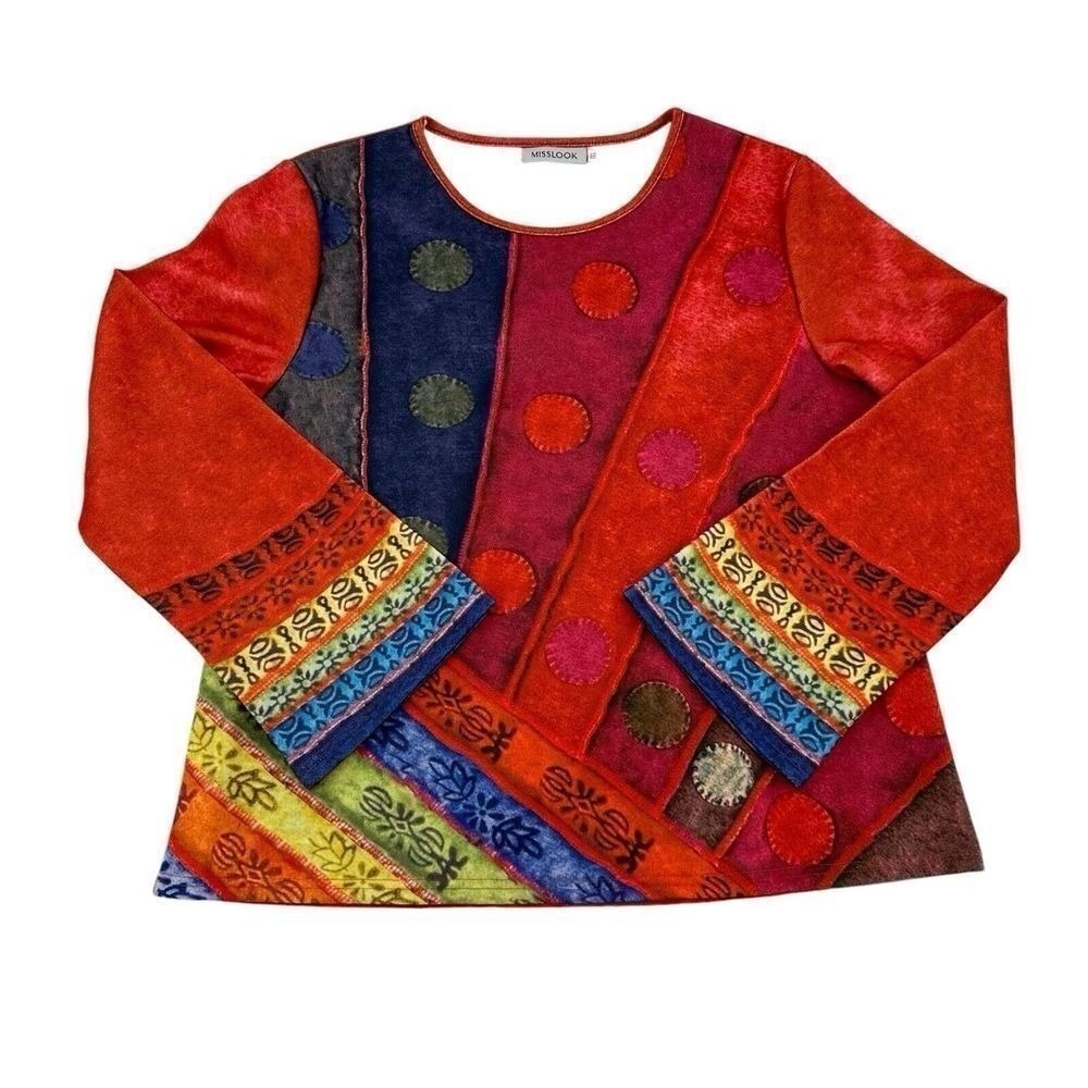 Misslook Patchwork Polka Dot Print Long Sleeve Top Red Multi 750156 Womens 3XL